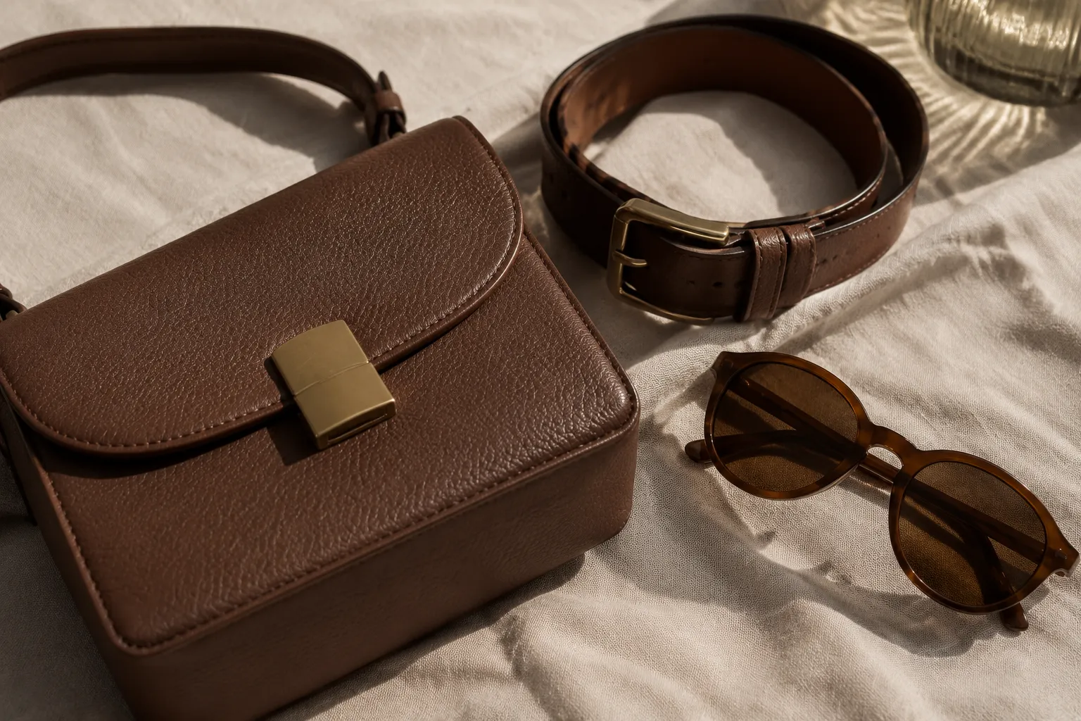 A tríade elegante: bolsa, cinto e óculos no mesmo tom