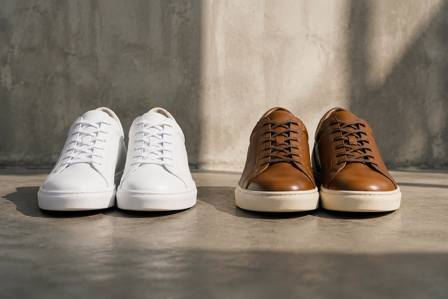 Duelo de sneakers: branco minimalista ou couro premium? Descubra o seu